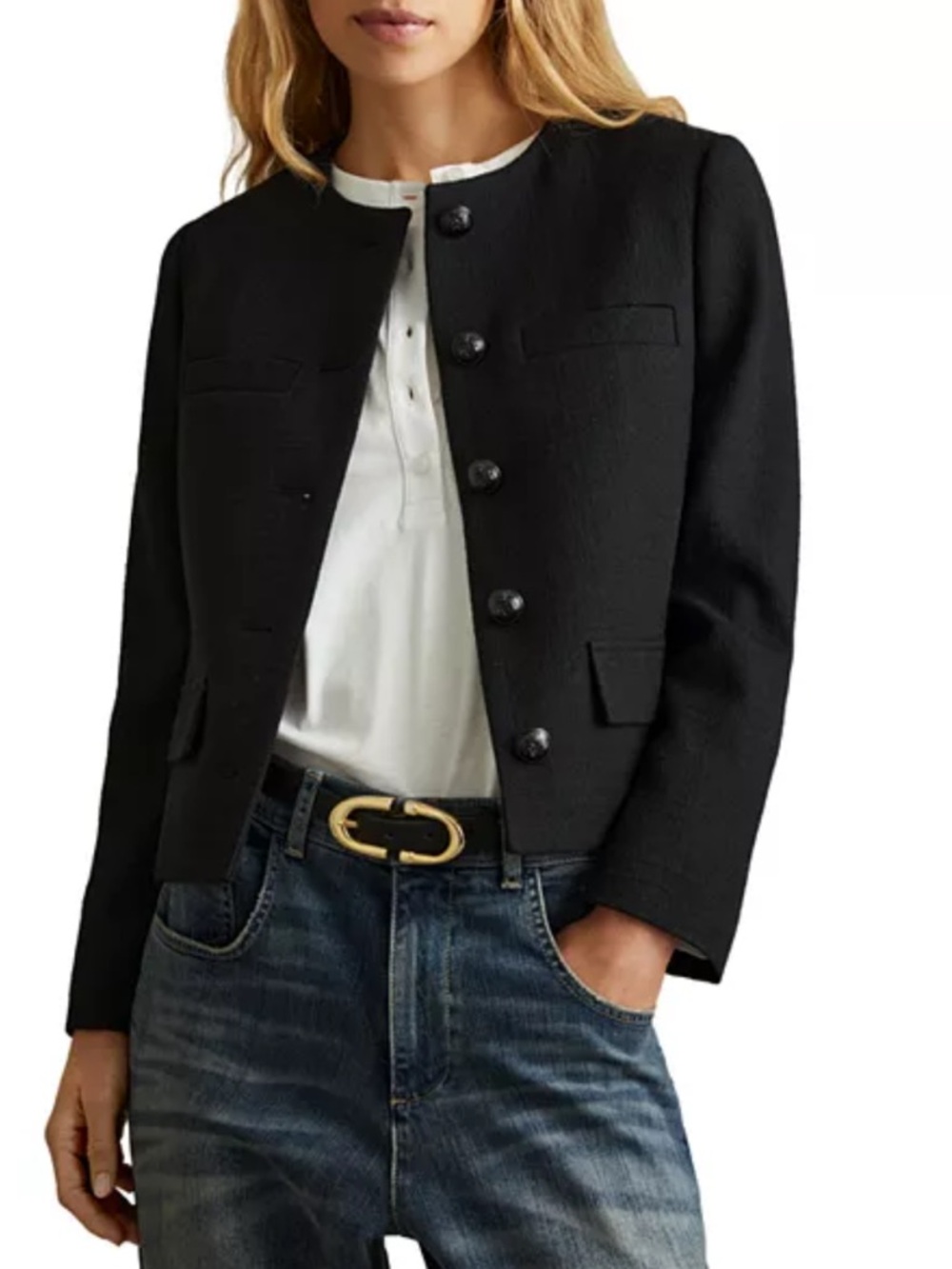 Reiss Black Cropped Collarless Wool Button Blazer- NWT